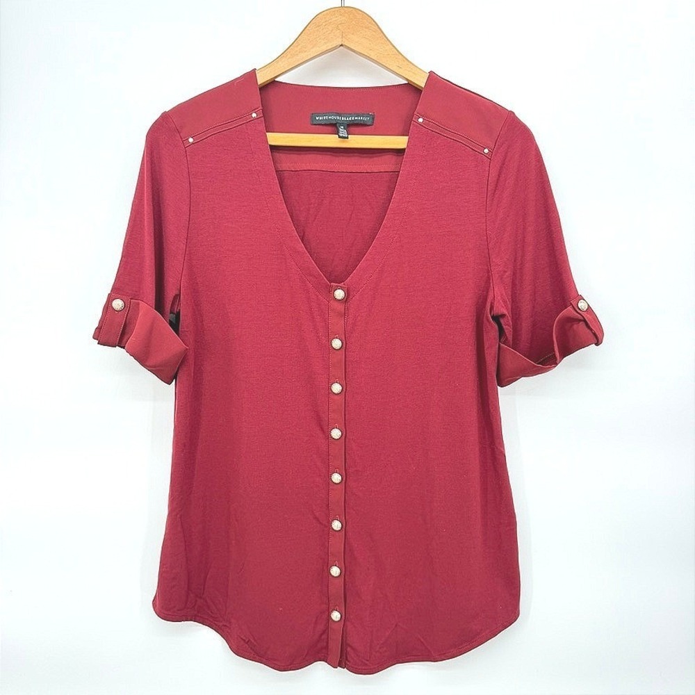 White House Black Market Top Red Button Front Short Sleeve Dressy Sz Medium